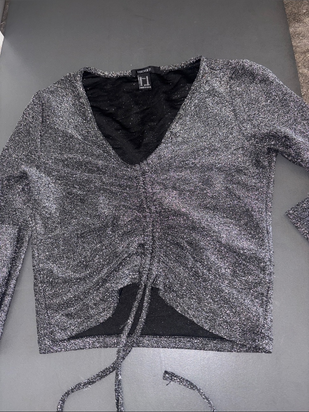 Forever 21 Metallic Ruched V-Neck Crop Top - Silver